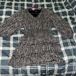 Express Dress, Size Large, Black, White, Purple, and Blue dots around the dress.